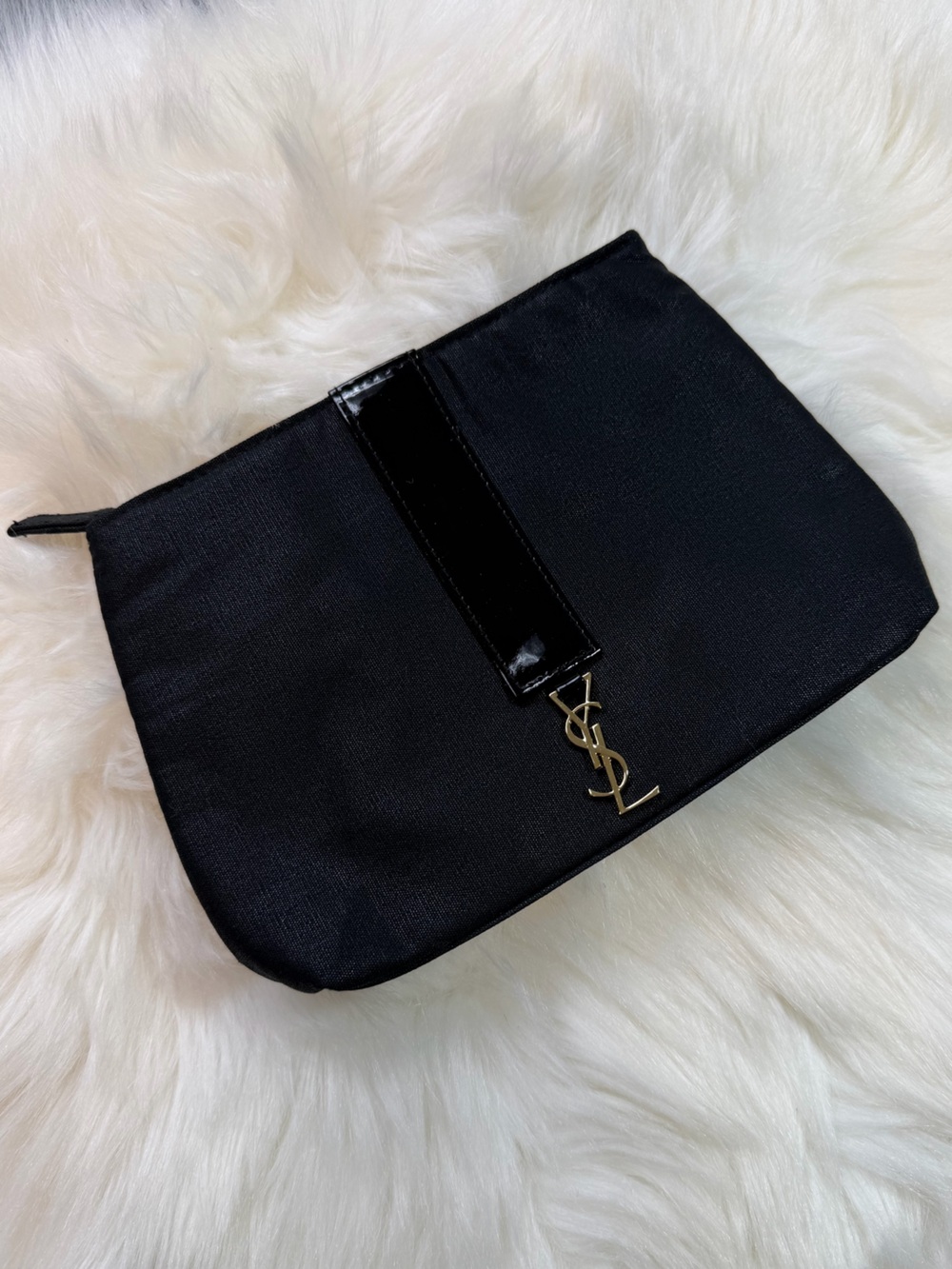 YSL Yves Saint Laurent Perfumes Black Nylon Zipper Pouch Makeup Bag Clutch Bag